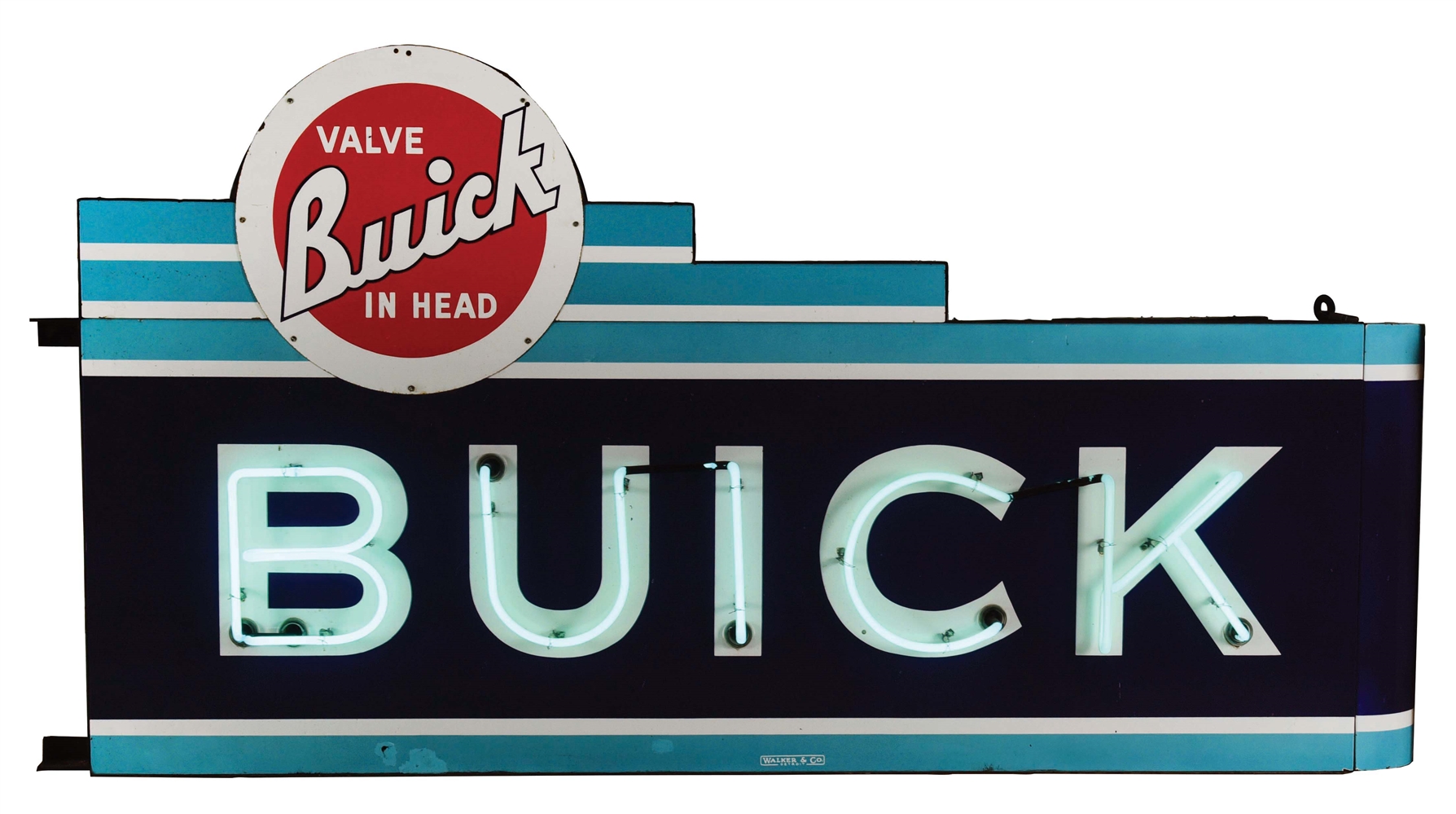 BUICK VALVE IN HEAD COMPLETE PORCELAIN NEON SIGN W/ BULLNOSE ATTACHMENT. 