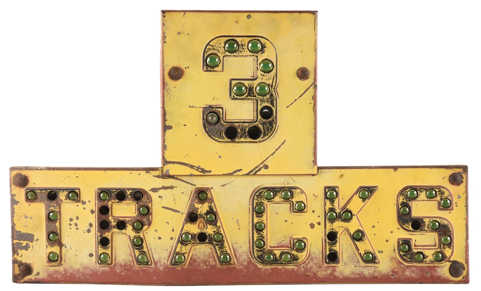 3 TRACKS STEEL RAILROAD SIGN W/ GLASS REFLECTIVE MARBLES.