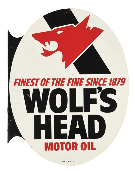 WOLFS HEAD MOTOR OIL TIN SERVICE STATION FLANGE SIGN. 