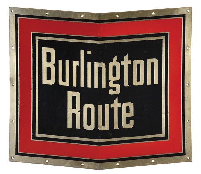 BURLINGTON ROUTE STAINLESS STEEL LOCOMOTIVE NOSE HERALD PORCELAIN SIGN.