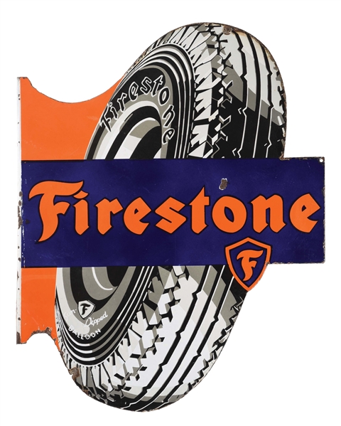 FIRESTONE TIRES PORCELAIN FLANGE SIGN W/ TIRE GRAPHIC. 