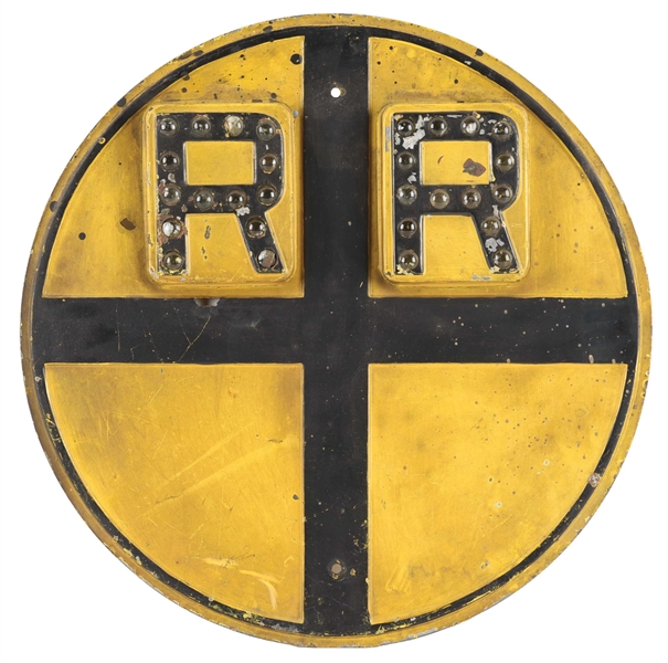 RAILROAD CROSSING STAMPED STEEL SIGN W/ GLASS REFLECTIVE MARBLES. 