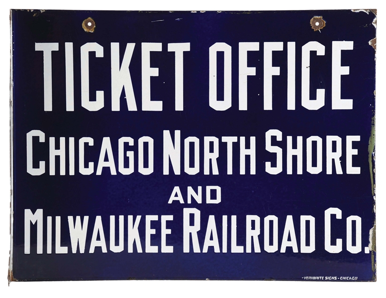 CHICAGO NORTH SHORE & MILWAUKEE RAILROAD TICKET OFFICE PORCELAIN FLANGE SIGN. 