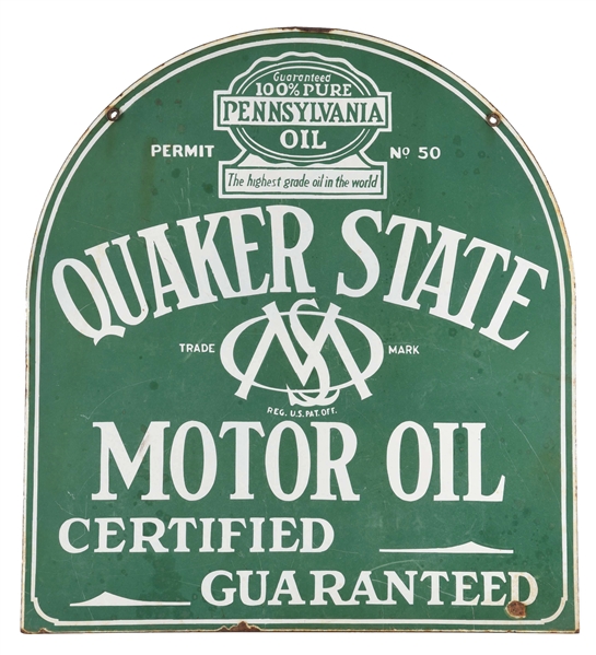 QUAKER STATE MOTOR OIL PORCELAIN TOMBSTONE SERVICE STATION SIGN.
