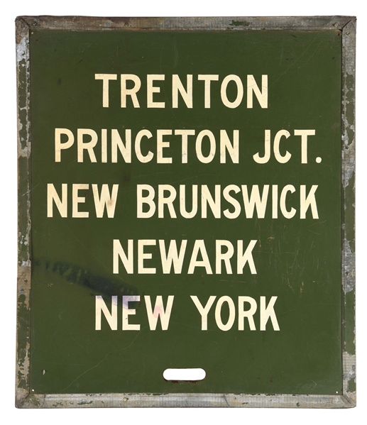 HAND PAINTED MASONITE TRAIN ANNOUNCEMENT SIGN W/ METAL BANDED EDGE.