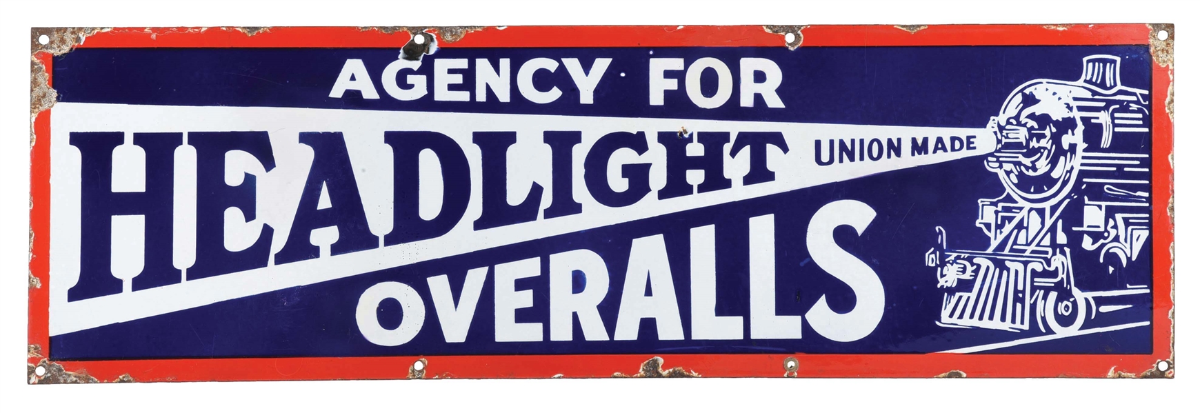 HEADLIGHT UNION MADE OVERALLS PORCELAIN SIGN W/ TRAIN GRAPHIC. 
