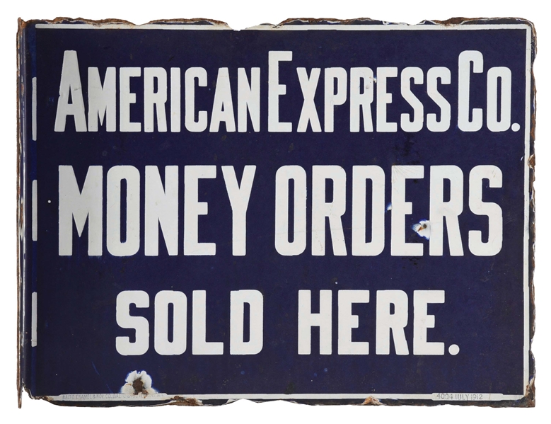 AMERICAN EXPRESS CO. MONEY ORDERS SOLD HERE PORCELAIN FLANGE SIGN.