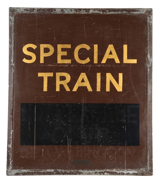 SPECIAL TRAIN ANNOUNCEMENT MASONITE SIGN W/ METAL BANDED FRAME. 