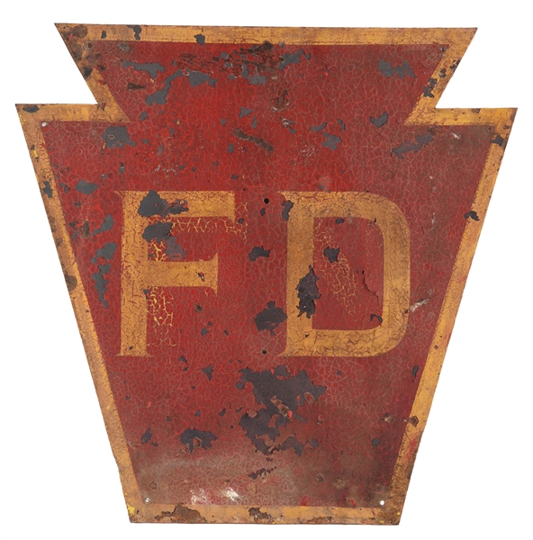 PENNSYLVANIA RAILROAD PAINTED METAL KEYSTONE TOWER SIGN W/ FD CALL LETTERING. 