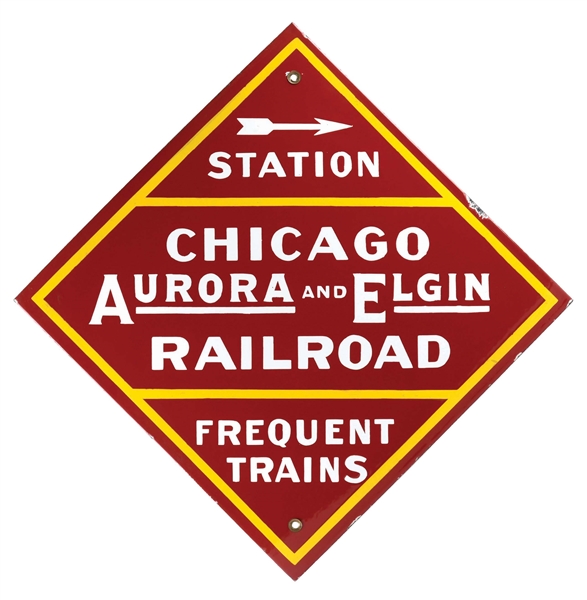 CHICAGO AURORA & ELGIN RAILROAD PORCELAIN DIRECTIONAL SIGN. 