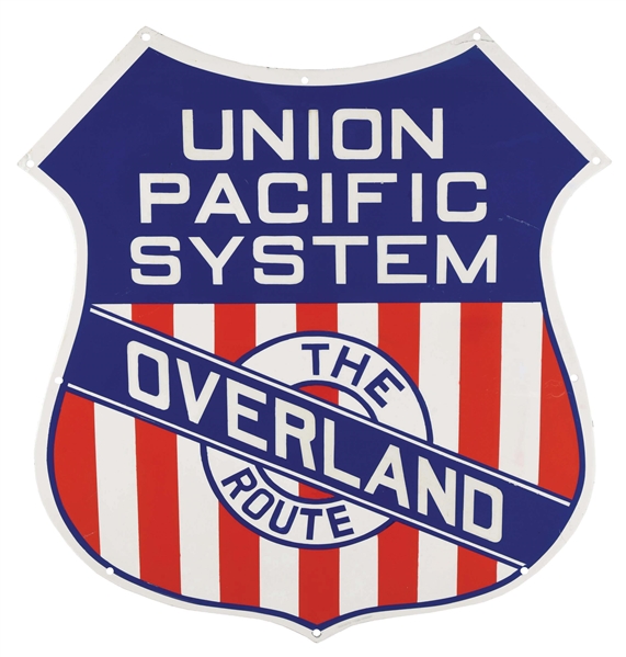 UNION PACIFIC RAILWAYS & THE OVERLAND ROUTE PORCELAIN SHIELD SIGN. 