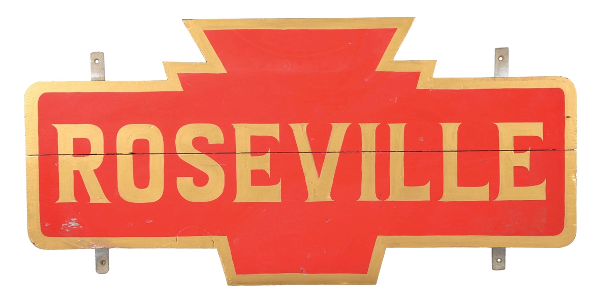 PENNSYLVANIA RAILROAD WOODEN STATION PLATFORM SIGN FOR ROSEVILLE. 