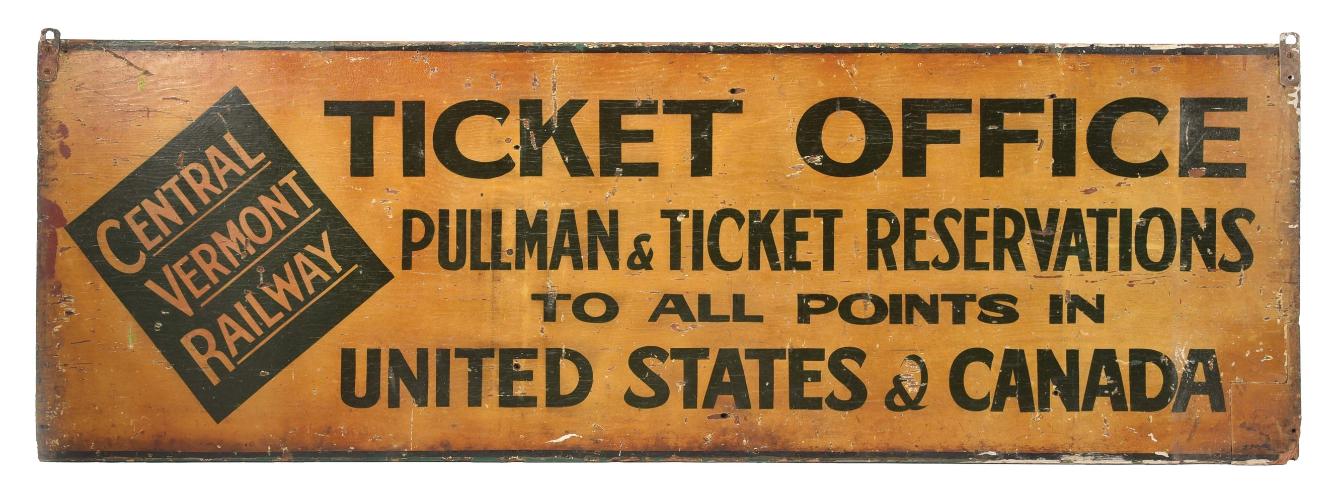 CENTRAL VERMONT RAILWAY TICKET OFFICE WOODEN RAILROAD STATION SIGN.