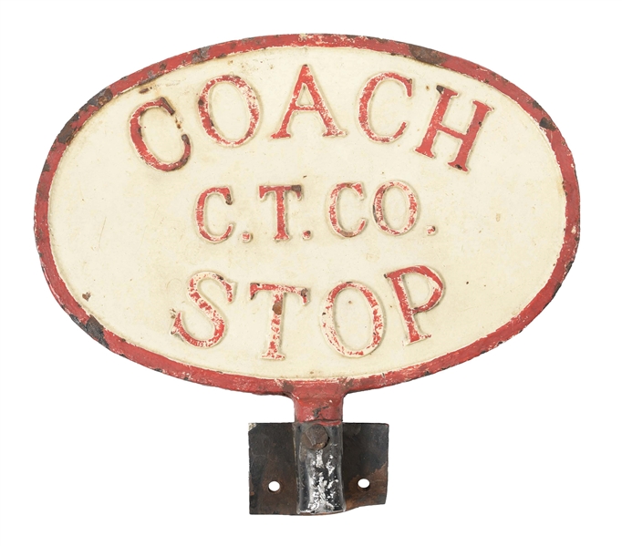 CT CO. COACH STOP POLE-MOUNTED CAST IRON SIGN.