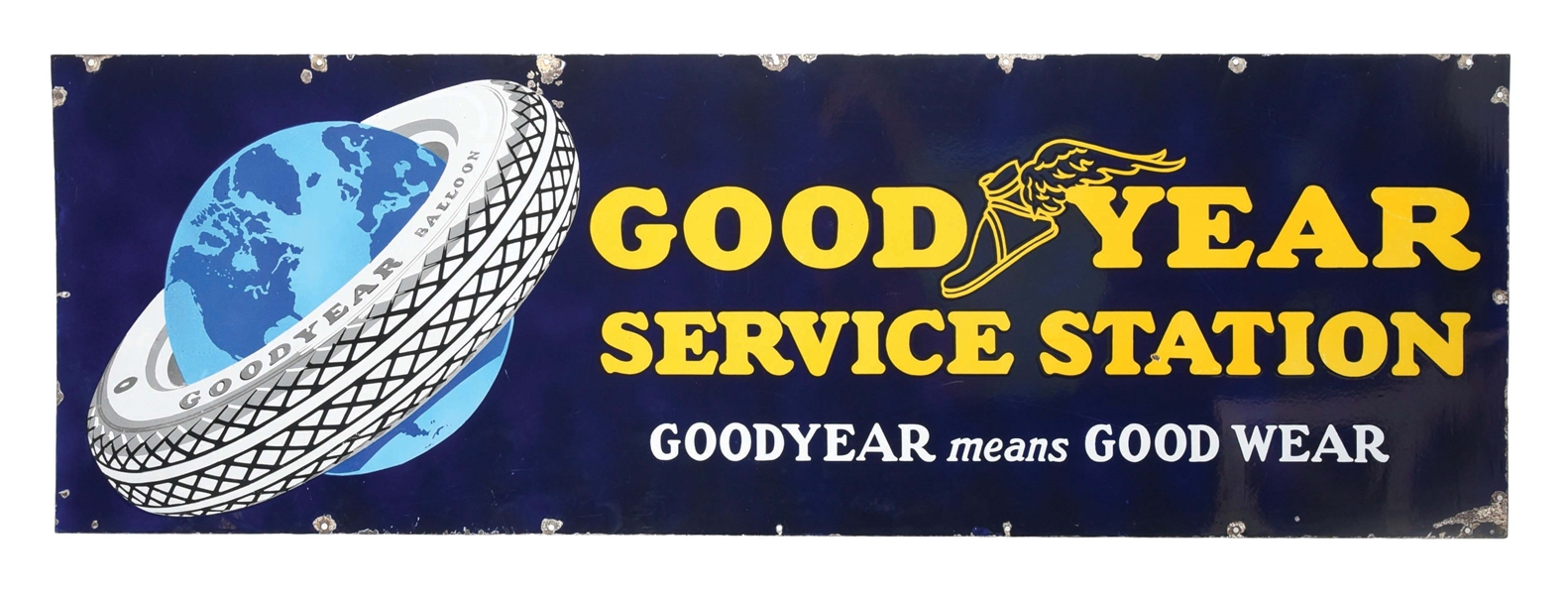 GOODYEAR TIRES SERVICE STATION PORCELAIN SIGN W/ TIRE & GLOBE GRAPHIC. 