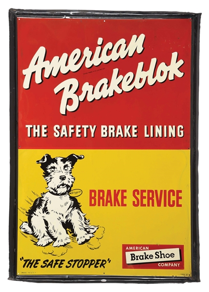 AMERICAN BRAKEBLOK BRAKE LINING EMBOSSED TIN SIGN W/ DOG GRAPHIC. 