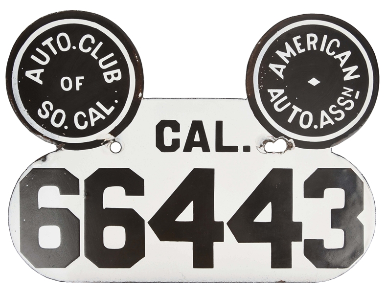 RARE & OUTSTANDING AUTOMOBILE OF SOUTHERN CALIFORNIA PORCELAIN MICKEY MOUSE LICENSE PLATE NUMBER 66443.