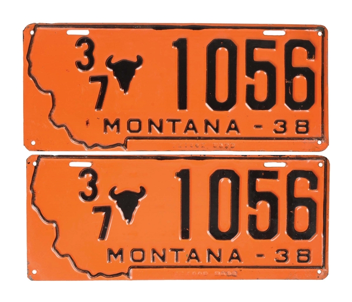 SET OF 2: MONTANA 1938 EMBOSSED TIN PRISON MADE LICENSE PLATES NUMBER 1056. 
