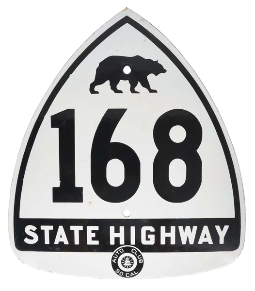 RARE & OUTSTANDING CALIFORNIA STATE HIGHWAY 168 PORCELAIN SIGN W/ BEAR GRAPHIC. 