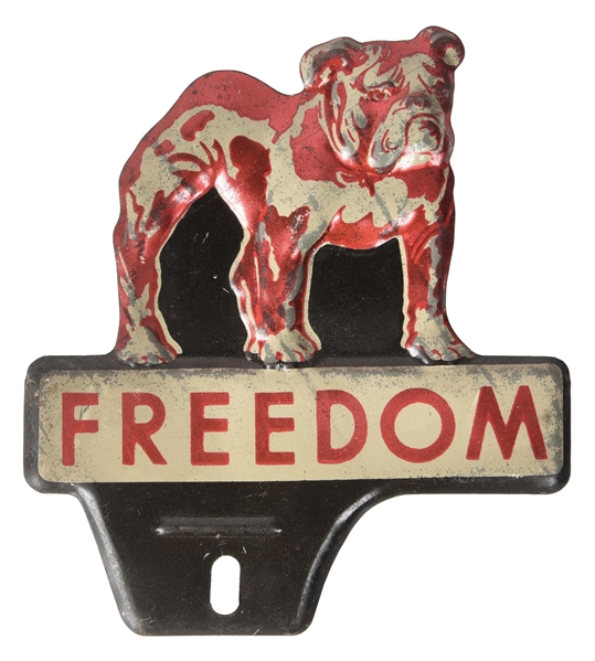 FREEDOM OIL WORKS EMBOSSED TIN LICENSE PLATE TOPPER W/ BULLDOG GRAPHIC. 