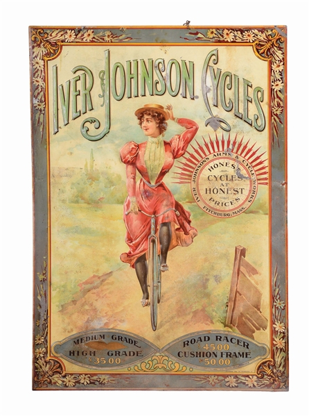 SINGLE-SIDED EMBOSSED TIN LITHOGRAPH FROM THE IVER JOHNSON CYCLES COMPANY.