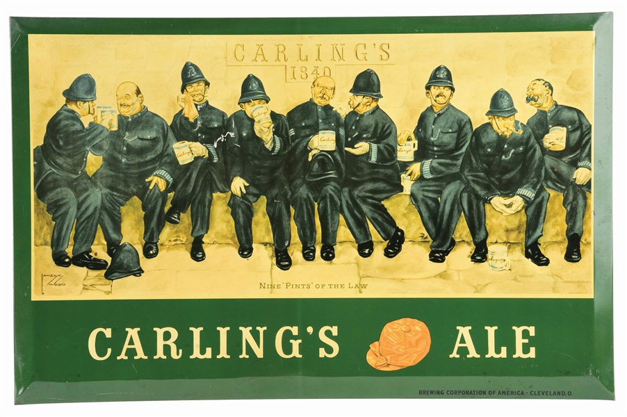 CARLINGS ALE TIN OVER CARDBOARD SIGN.