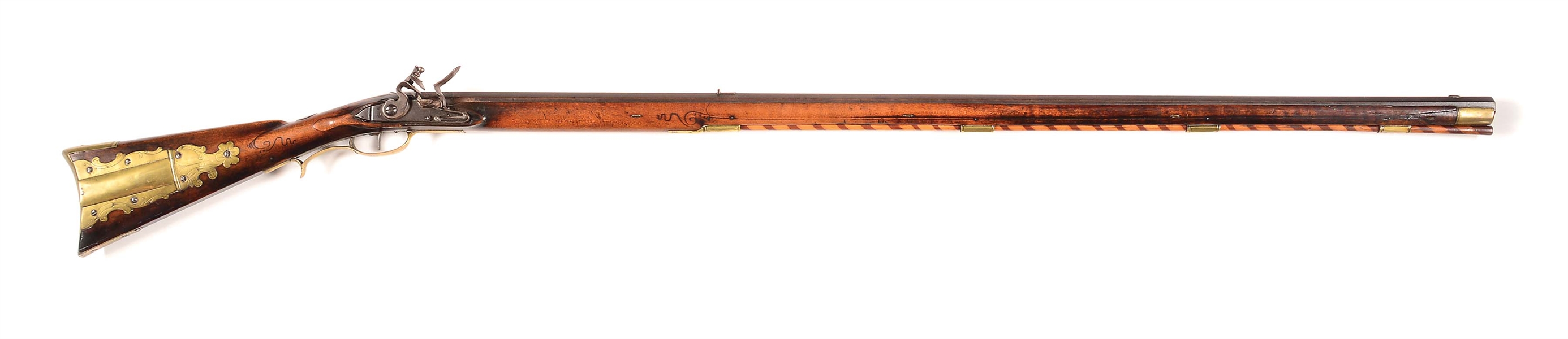 (A) RAISED CARVED FLINTLOCK LONG RIFLE STAMPED LECHLER.