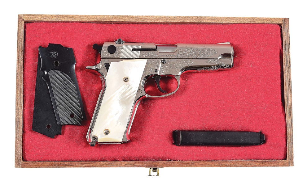(M) ENGRAVED SMITH & WESSON MODEL 59 SEMI-AUTOMATIC PISTOL WITH PEARL GRIPS AND DISPLAY CASE..