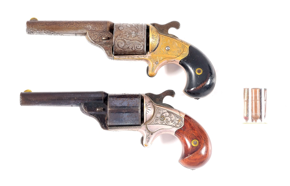 (A) LOT OF 2: PAIR OF WILLIAM MOORE .32 TEAT FIRE REVOLVERS, ONE OF A BETTER QUALITY THAT NORMALLY ENCOUNTERED.