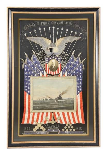 STUNNING PRE WORLD WAR I US NAVY PATRIOTIC EMBRODERY IDENTIFIED TO BATTLESHIP USS CALIFORNIA SAILOR.