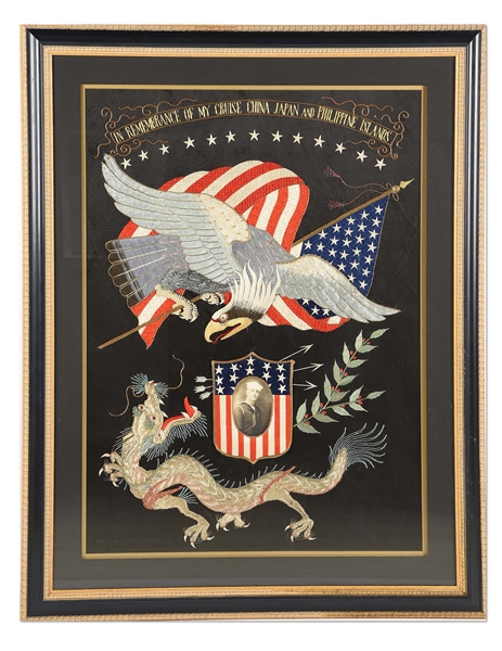 PRE-WORLD WAR I US NAVY PATRIOTIC EMBROIDERY COMMEMORATING PACIFIC CRUISE