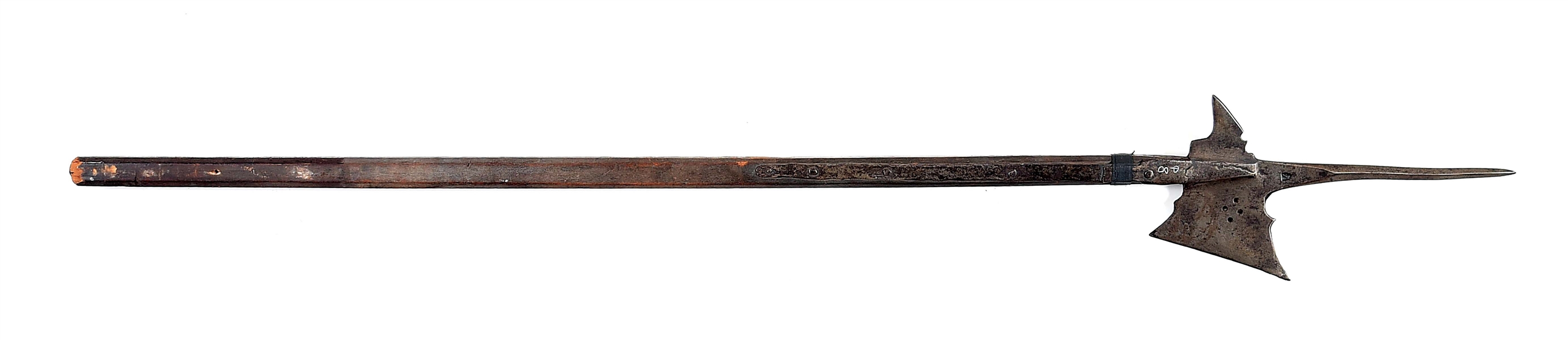 GERMAN STYLE HALBERD WITH PUNCHED DECORATIONS AND A DEEPLY STRUCK ARMORERS MARK.