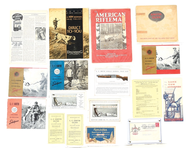 LARGE LOT OF L.C. SMITH ADVERTISEMENTS AND OTHER FIREARM RELATED EPHEMERA.