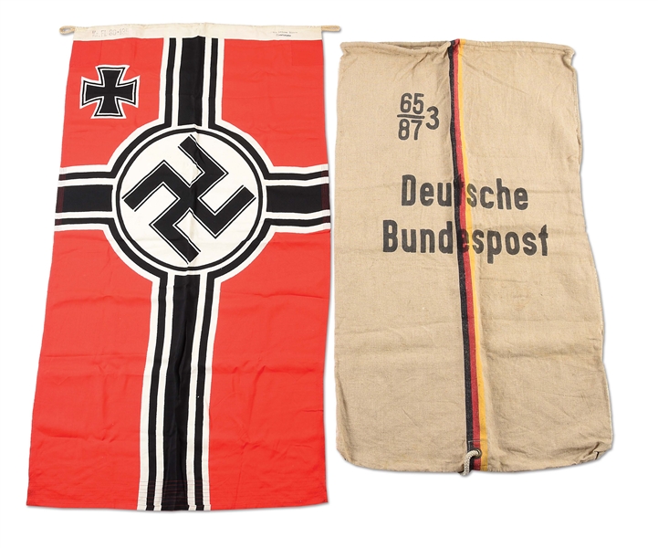 LOT OF 2: THIRD REICH KRIEGSMARINE FLAG AND POST WORLD WAR II WEST GERMAN POSTAL BAG.