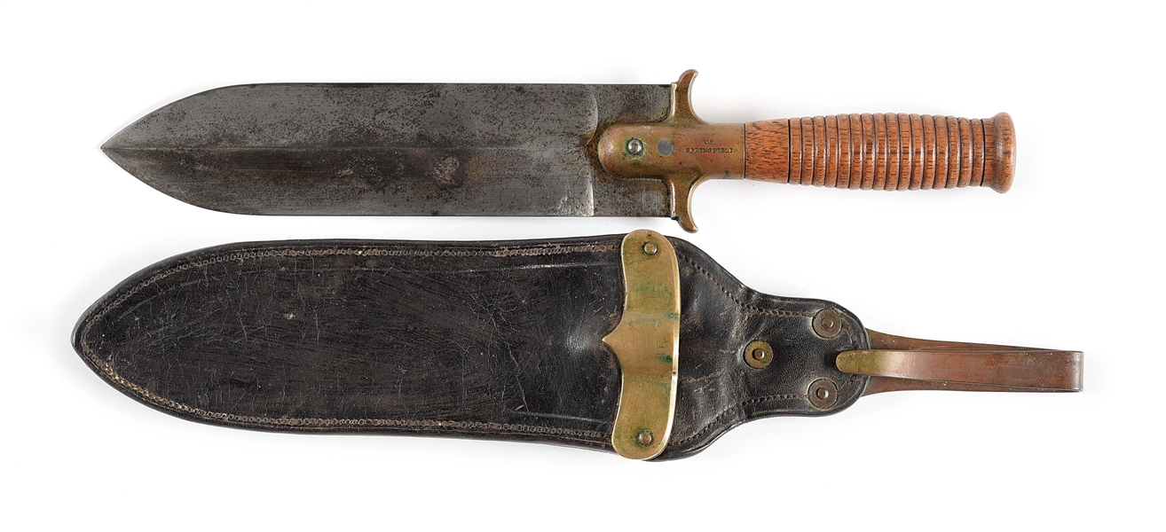 US SPRINGFIELD MODEL 1880 HUNTING KNIFE WITH HOOK SCABBARD.