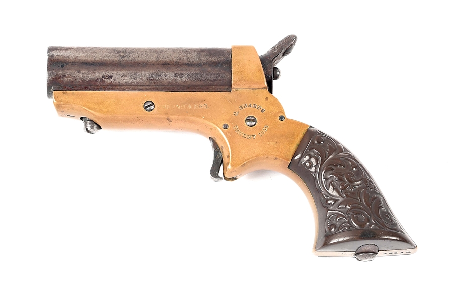 (A) C. SHARPS AND CO. 4 SHOT PEPPERBOX WITH CASE, RETAIL MARKED FOR F.W. FREUND & BRO, WYOMING.