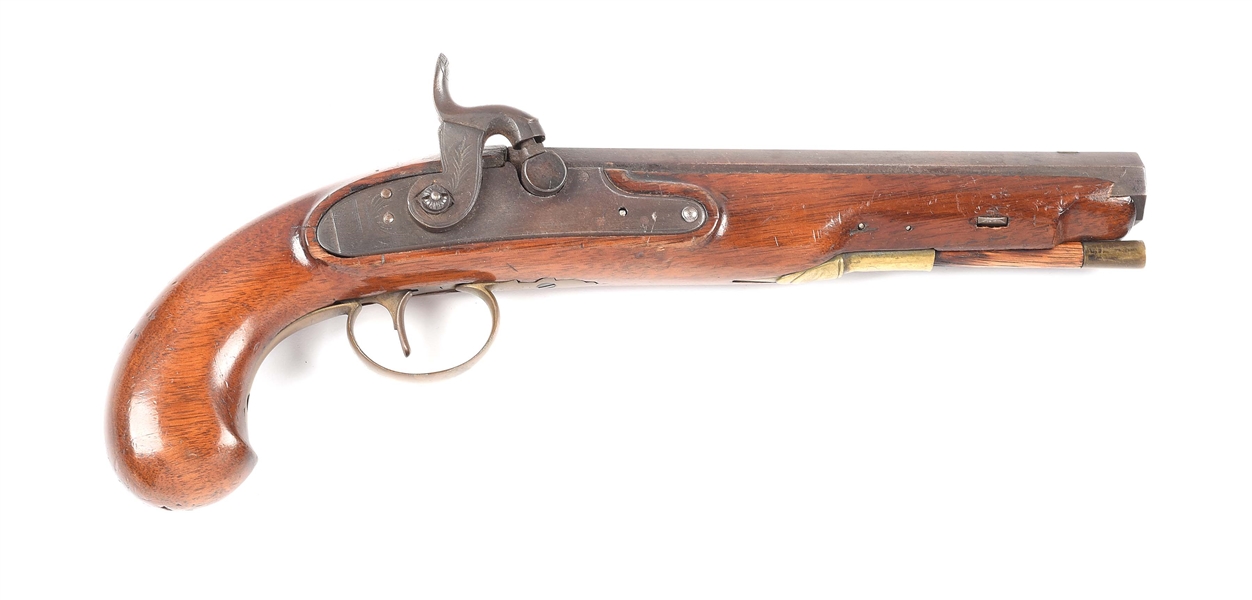 (A) AMERICAN STOCKED PERCUSSION PISTOL, CONVERTED FROM FLINTLOCK.