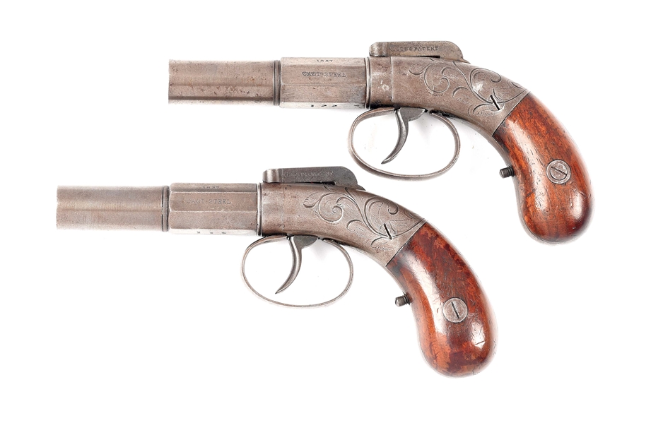 (A) CASED PAIR OF ALLENS PATENT SINGLE SHOT PERCUSSION PISTOLS.