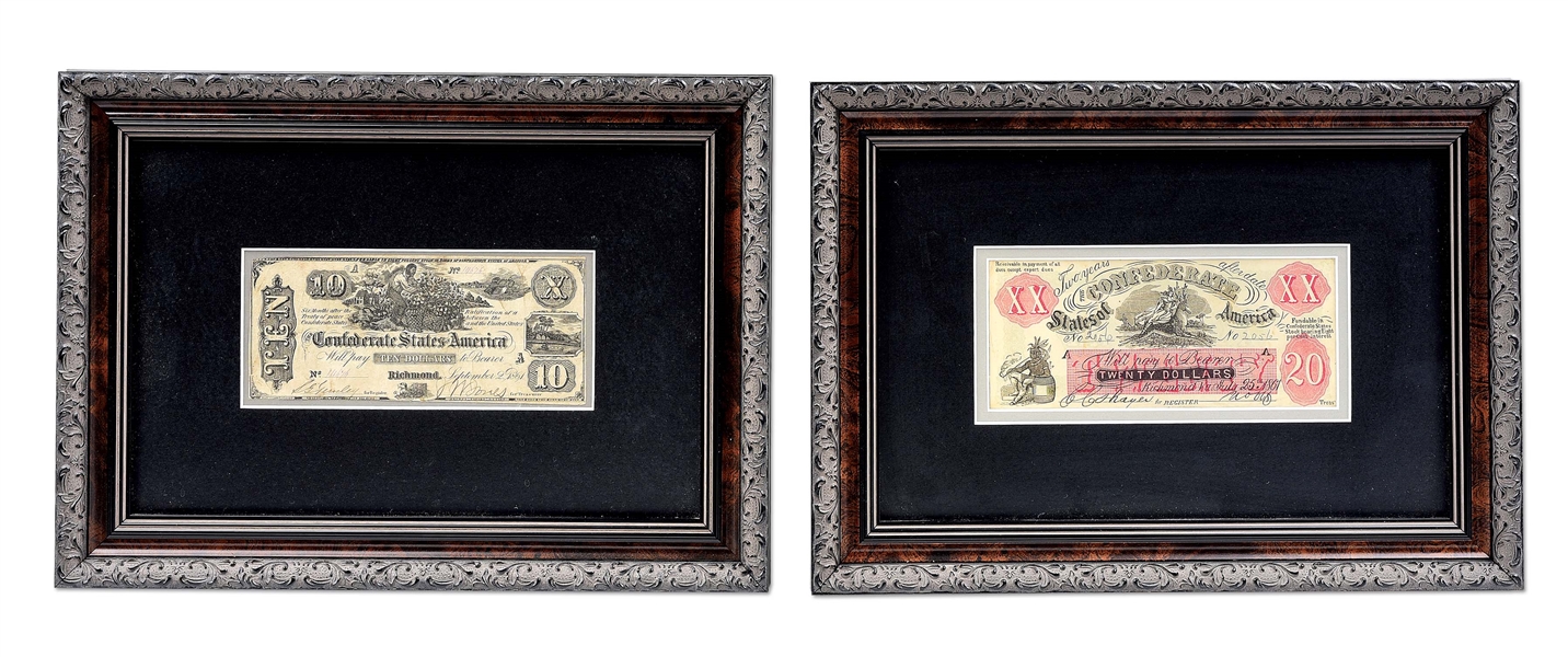 LOT OF 2: FRAMED PIECES OF CONFEDERATE CURRENCY.