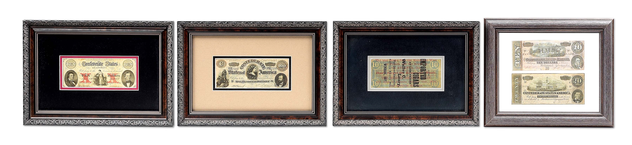 LOT OF 4: FRAMED PIECES OF CONFEDERATE CURRENCY.