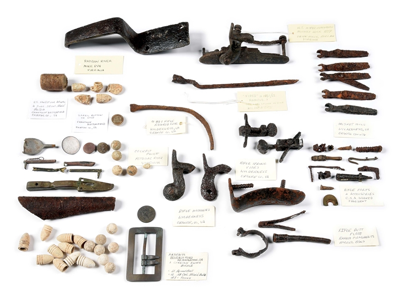 LARGE LOT OF CIVIL WAR RELICS RECOVERED FROM VIRGINIA INCLUDING FIRED RAMROD.