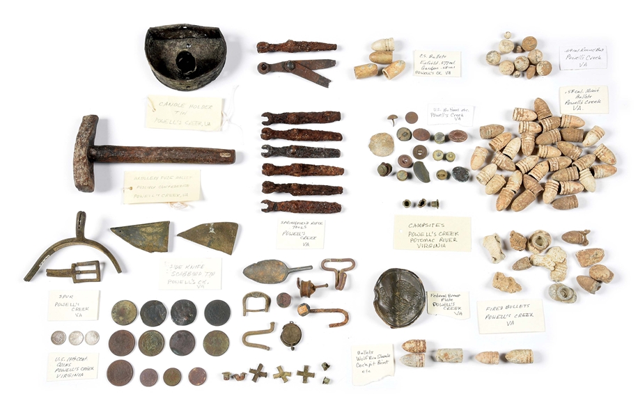 LARGE LOT OF CIVIL WAR RELICS RECOVERED FROM POWELLS CREEK AND THE POTOMAC RIVER.