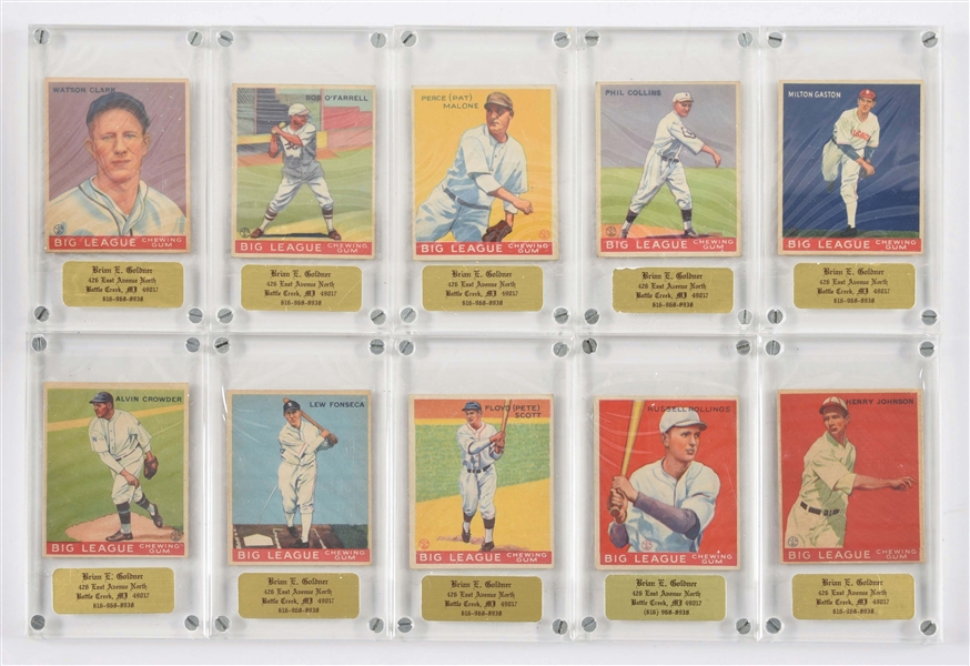 LOT OF 10: VARIOUS 1933 GOUDEY BASEBALL PLAYER CARDS.