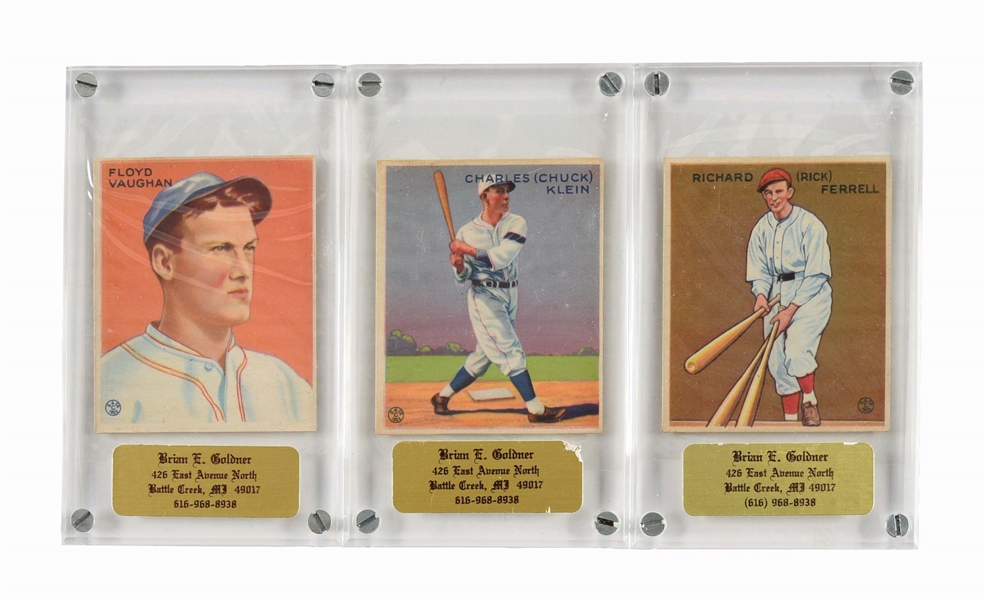 LOT OF 3: 1933 GOUDEY HALL OF FAME BASEBALL PLAYER CARDS.