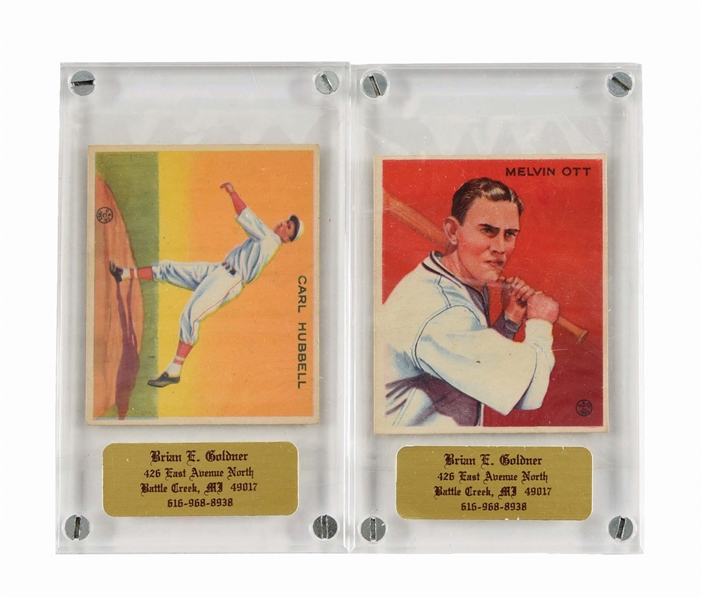 LOT OF 2: 1933 GOUDEY HALL OF FAME BASEBALL PLAYERS MELVIN OTT AND CARL HUBBELL.