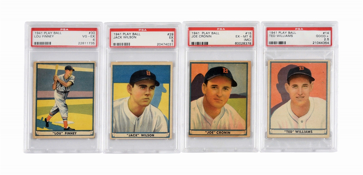 LOT OF 4: 1941 PLAYBALL RED SOX BASEBALL PLAYER CARDS.