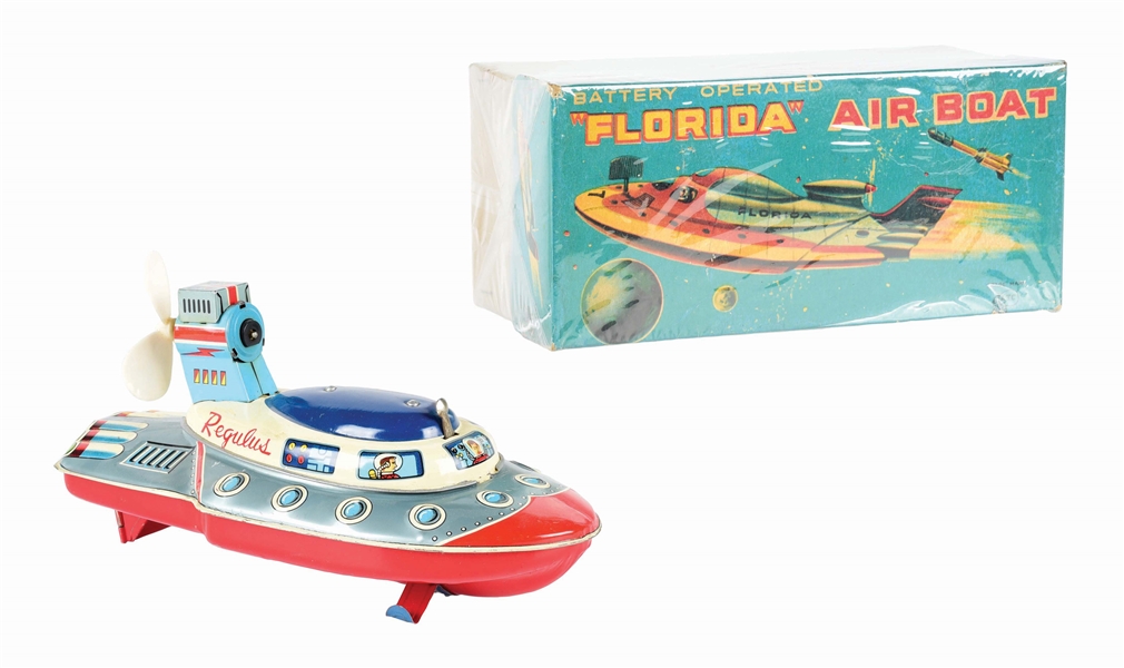 JAPANESE BATTERY-OPERATED TIN LITHO "FLORIDA" AIR BOAT SPACE TOY.
