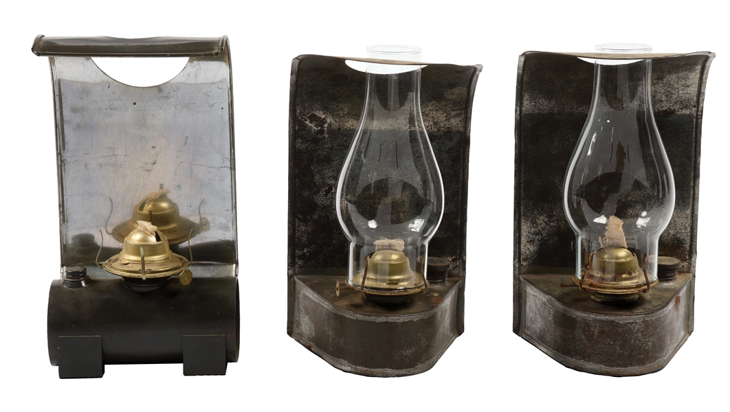 LOT OF 3: WALL-MOUNTED RAILROAD OIL LAMPS.