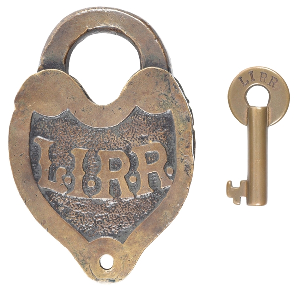 L. I. R. R. EMBOSSED BRASS HEART-SHAPED SWITCH LOCK.