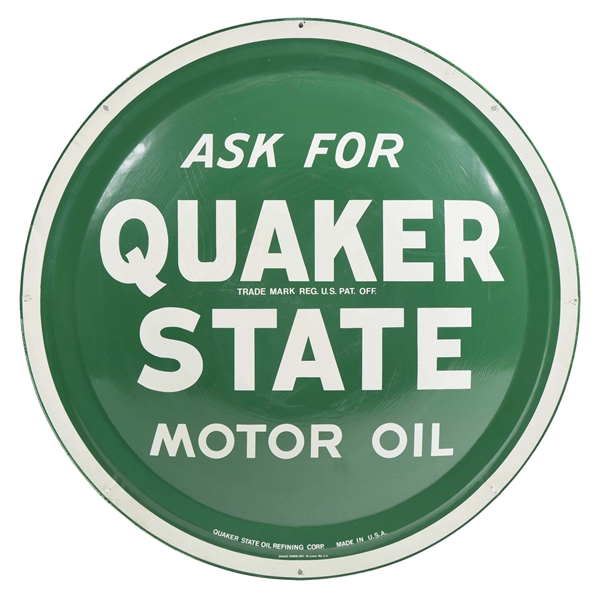 QUAKER STATE MOTOR OILS CONVEX TIN SERVICE STATION SIGN.